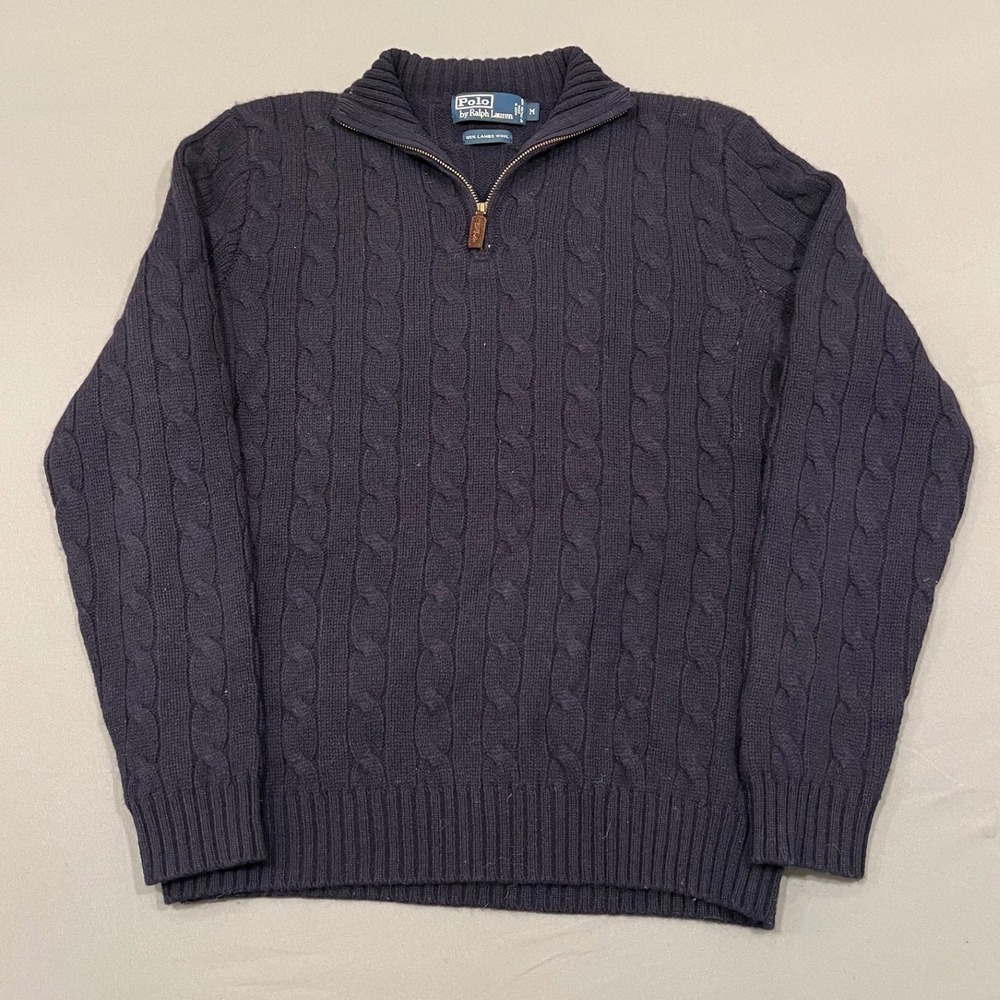 Vintage Polo Ralph Lauren Mens Navy Lambswool Cable Knit Quarter Zip Sweater M